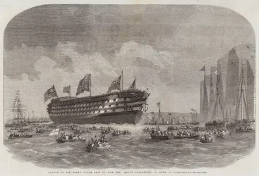 Stapellauf des HM Schraubendampfschiffs Royal Sovereign, 131 Kanonen, in Portsmouth