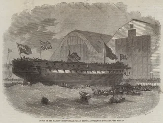 Stapellauf der Schraubendampffregatte Ihrer Majestät Bristol in der Werft von Woolwich