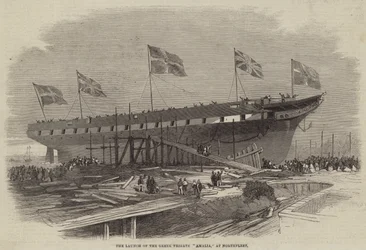 Der Stapellauf der griechischen Fregatte Amalia in Northfleet