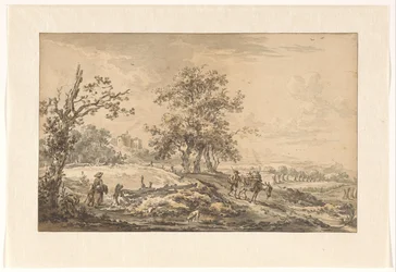 Frau mit Kind und Mann mit Esel in Landschaft
