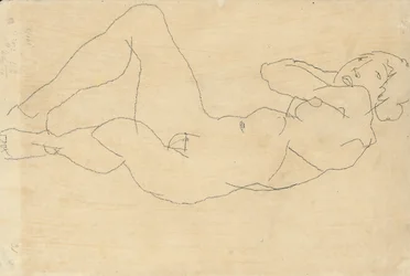 Weiblicher Akt mit hinter dem Kopf verschränkten Händen, 1914