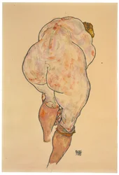 Weiblicher Akt zieht Strümpfe hoch, Rückansicht, 1918