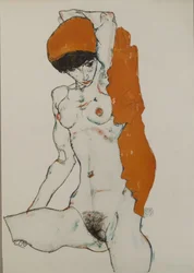 Weiblicher Akt mit orange-rotem Tuch, 1914