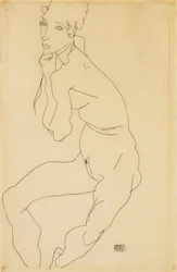 Sitzender weiblicher Akt mit Hand am Kinn