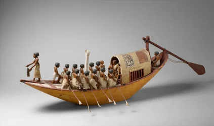 Reiseboot, das vom Grab des Meketre gerudert wird, ca. 1981-1975 v. Chr. (Holz, Farbe, Gips, Leinenzwirn und Leinen)