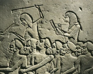Eine Gruppe von Negroid-Gefangenen, umgeben von Wachen mit Keulen, während ein Schreiber einen Bericht erstellt. Relief aus dem Grab von Horemheb in Saqqara, Detail