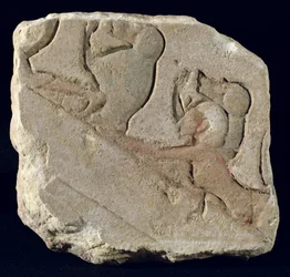 Amenophis IV (Echnaton) mit Pavianen, Neues Reich (bemalter Stein)