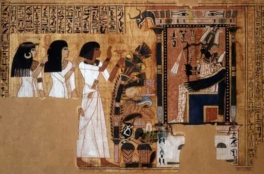Totenbuch des Schreibers Nebqed, Detail des Verstorbenen vor Osiris, Neues Reich, ca. 1400 v. Chr.