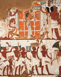 Ägypten, Theben, El-Khokha Nekropole Tal der Adligen, Grab von Nebamon und Ipouky, Detail der Fresken, die Trauerzug und Witwe am Katafalk des Verstorbenen darstellen