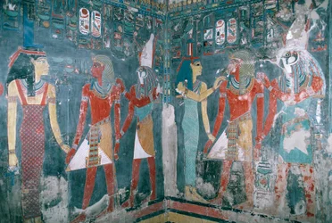 Ägypten, Theben, Luxor, Tal der Könige, Grab von Horemheb, Wandmalerei, die Horemheb zwischen Göttin Isis und Gott Horus darstellt, Neues Reich, Dynastie XVIII