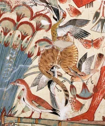 Nebamun jagt im Sumpf mit seiner Frau und Tochter, Teil einer Wandmalerei aus der Grabkapelle von Nebamun, Theben, Neues Reich, ca. 1350 v. Chr. (Detail)