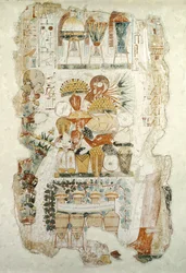 Nebamun empfängt Opfergaben von seinem Sohn, aus dem Grab von Nebamun, ca. 1350 v. Chr.