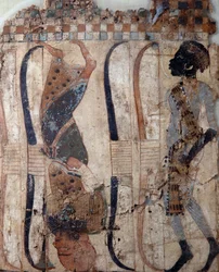 Gefangene eroberter Länder, gemalt auf Material aus dem Grab von Tutanchamun, ägyptische Zivilisation, Neues Reich, Dynastie XVIII, Detail des Gesichts