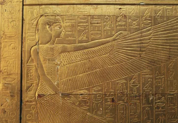 Relief auf der Rückseite des äußeren Panels der zweiten Grabkapelle, Schatzkammer von Tutanchamun, Ägypten, Ägyptische Zivilisation, Neues Reich, 18. Dynastie