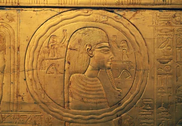 Relief auf der linken Außenwand der zweiten Grabkapelle, Schatzkammer von Tutanchamun, Ägypten, ägyptische Zivilisation, Neues Reich, Dynastie XVIII