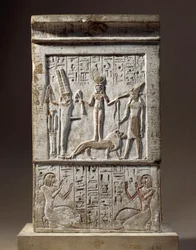 Syrien, Kadesch, Stele angeboten von Huy, Handwerker des Tals der Könige: Spender verehrt Göttin Kadesch und Gott Rechep