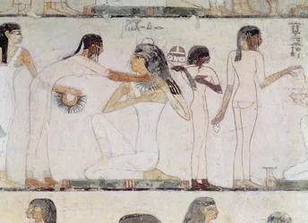 Die Toilette der Edelfrauen, aus dem Grab von Rekhmire, Wesir von Thutmosis III und Amenhotep II, Neues Reich (Wandmalerei)
