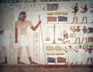 Das Wiegen von Kupfer, Fresko, Grab des Userhat, Lehrer und Schreiber während der Herrschaft von Amenophis II., auch bekannt als Grab TT56, Scheich Abd el-Qurna, Theben (Unesco-Welterbeliste)