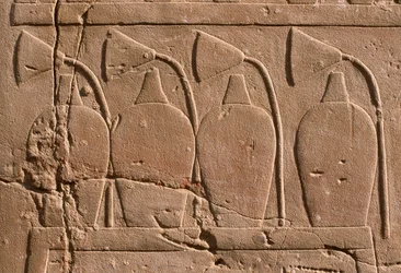 Detail eines Reliefs, das Krüge und Lotusblumen zeigt