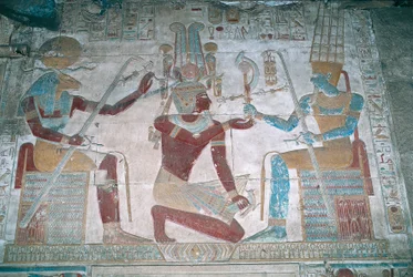 Ägypten, Abydos, Tempel des Pharaos Seti I., Osiris-Kapelle, bemaltes Relief