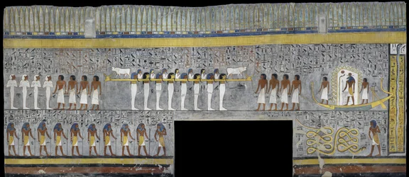 Ägypten, Theben, Luxor, Tal der Könige, Grab von Ramses I, Wandmalerei von Ra in der Sonnenbarke in der Grabkammer aus der 19. Dynastie