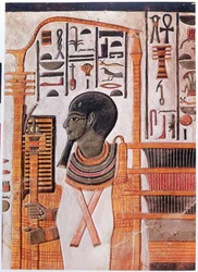 Geschichte. Altes Ägypten. Ptah, Vergöttlichung des Urhügels in der Ennead-Kosmogonie. Fresko im Grab von Nefertari im Tal der Könige, Altes Ägypten