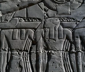 Priester mit Falkenmaske, Detail aus einer Szene, die Ramses II. vor dem heiligen Boot darstellt, Relief, Innenwände der Großen Säulenhalle, Karnak-Tempelkomplex (Unesco-Welterbeliste)