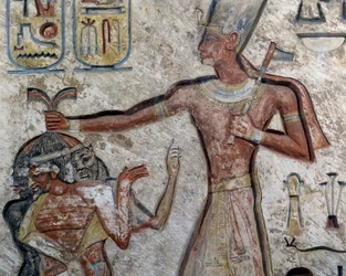 Ramses II. hält Gefangene an ihren Haaren (Detail), ägyptische Zivilisation, Neues Reich, Dynastie XIX