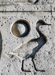 Relief, das Gans und Sonne darstellt, Symbole des Pharaos zur Identifizierung des Sohnes des Gottes Ra, Großer Tempel von Ramses II, Abu Simbel (Unesco-Welterbeliste)