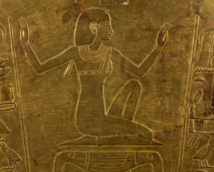 Die Göttin Isis, dekoratives Detail des Sarkophags von Königin Tuya, Mutter von Ramses II., vergoldetes Holz, ägyptische Zivilisation, Neues Reich, Dynastie XIX