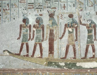 Relief, das Khnum in einer Totenbarke zeigt, die durch die Unterwelt fährt, aus dem Grab von Ramses III. (ca. 1184-1153 v. Chr.) Neues Reich
