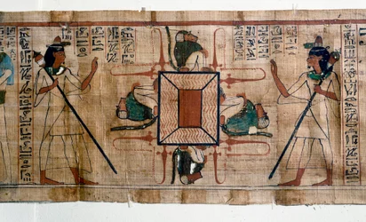 Ägyptische Antiquität: See des Feuers zur Hölle. Papyrus aus einem Totenbuch. 21. Dynastie