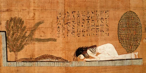 Totenpapyrus, der den Verstorbenen vor dem Krokodil niedergeworfen zeigt
