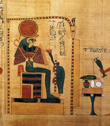 Mythologischer Papyrus von Imenemsauf, Hauptträger von Amon. Detail: Gott Ra-Harakhti