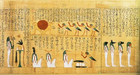Mythologischer Papyrus von Imenemsauf, Oberster Träger von Amon. Detail: Hymne an die Sonne dargestellt als zwei Löwen
