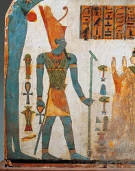 Stele der Dame Taperet, bemalte Holzstele, Seite B: Taperet betet zu Gott Atum, der untergehenden Sonne