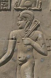Ägypten, Libysche Wüste, Al-Dakhilah (Dakhla) Oase, Dayr al-Haggar, Relief im ägyptischen Tempel
