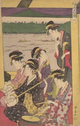 Eine Gruppe von Geishas in einem Suzumi-bune, d.h. Abkühlungsboot. Zweite Szene eines Bootsausflugs, ca. 1796