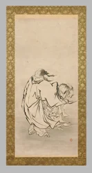 Zwei Sennin, spätes 16. bis frühes 17. Jahrhundert (Aquarell und Tinte auf Papier, montiert auf Seide, Elfenbein)