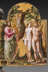 Tragbarer Altar Rückseite: Adam und Eva vor dem Ewigen Vater (Detail)