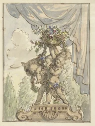 Drei Putti mit einem Blumenkorb