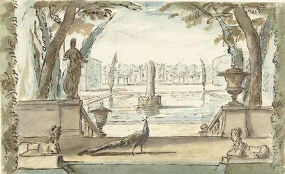 Blick in einen Garten mit einem Teich, einem Springbrunnen und einem Pfau