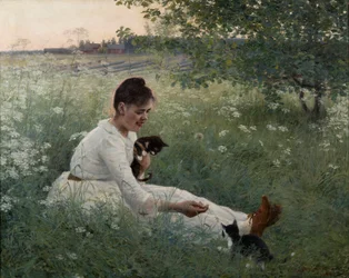 Junges Mädchen mit Katzen in einer Sommerlandschaft - Elin Danielson-Gambogi (1861-1919)