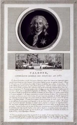 Calonne, Generaldirektor der Finanzen, 1787, Porträt graviert von Charles Levachez (fl.1760-1820), mit einer Szene der Versammlung der Notablen von Jean Duplessis-Bertaux (1747-1819), um 1803