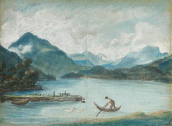 Blick auf den Genfersee mit einem Mann, der ein kleines Boot rudert, und zwei Schwänen