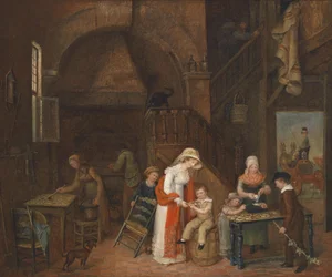 Besuch beim Kuchenbäcker, (im Tisch) undeutlich signiert, datiert M. E. De Latour 1822