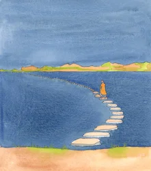 Wie wir hoffen, unser Leben für immer mit Jesus zu beenden, ist die christliche Reise wie ein Spaziergang über den See Genezareth auf einem Pfad aus Trittsteinen: ganz sicher, solange niemand stolpert, 2005