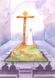 Bei jeder Messe sind wir dem Opfer auf Golgatha gegenwärtig, als Christus für uns litt und starb, während Seine Mutter bei Ihm stand, 2005