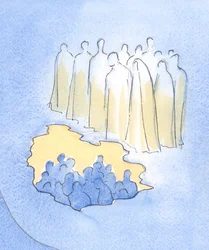 Christus und seine Heiligen im Himmel blicken mit großer Zärtlichkeit auf seine Freunde auf Erden, die über sein Leiden meditieren.