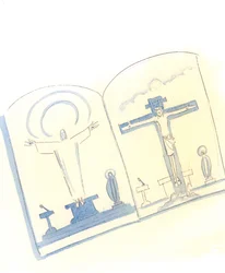 Christus bat mich, zwei Bilder nebeneinander auf einer neu veröffentlichten Karte zu platzieren, damit die Menschen sehen können, dass das Gebet, das er als unser Hohepriester vom Heiligtum bei der Messe anbietet, dasselbe Opfergebet ist, das er einst vom 